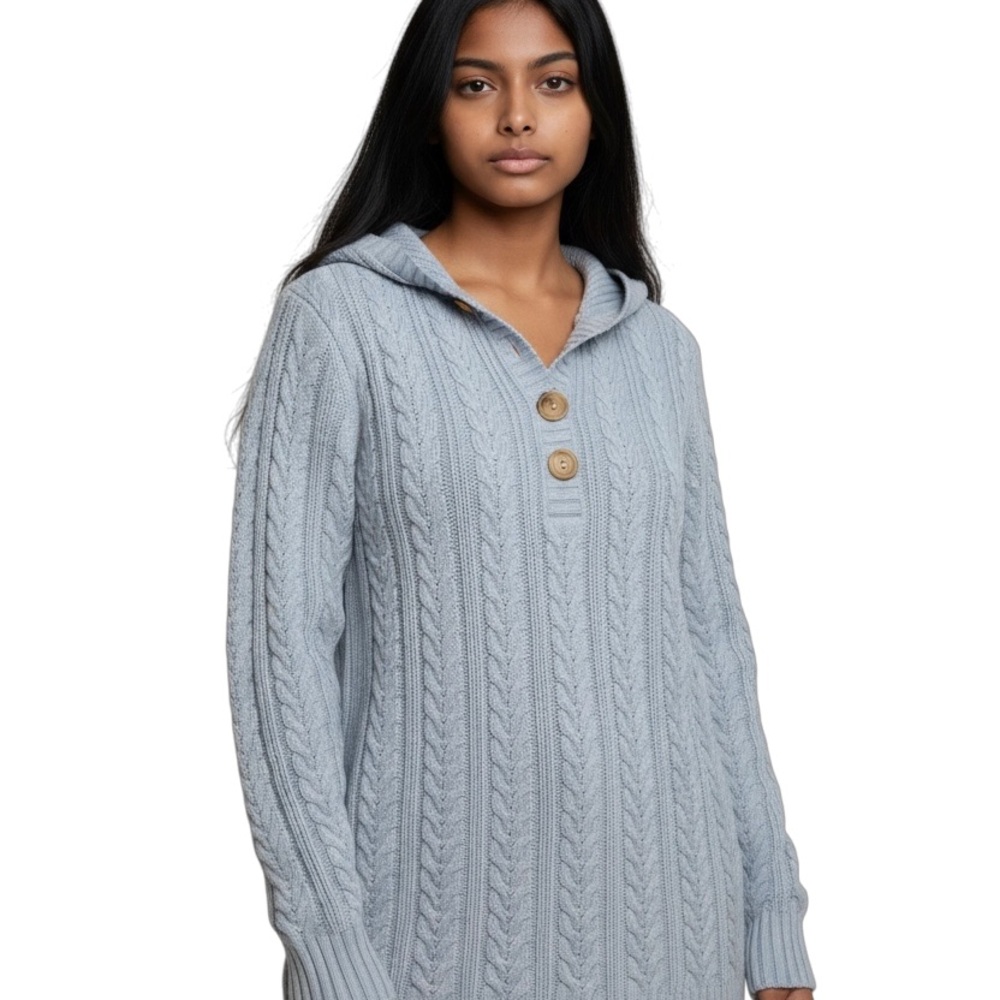 Women’s Covington Petite Light Blue Cable Knit Hoodie Sweater with Buttons PM